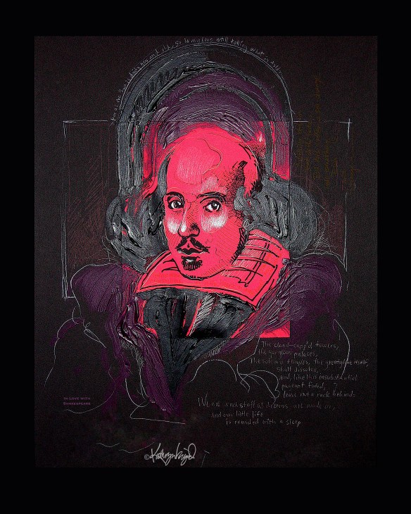 In Love with Shakespeare mixed media portrait on paper