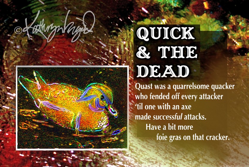 Digital illustration + text: Quick & the Dead