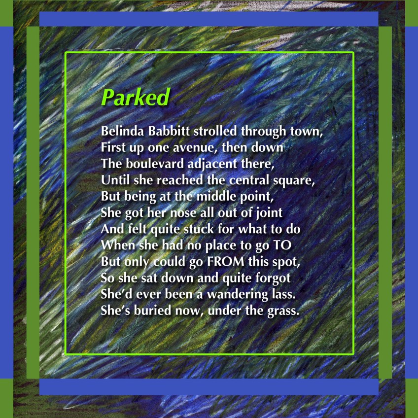 Digital illustration + text: Parked