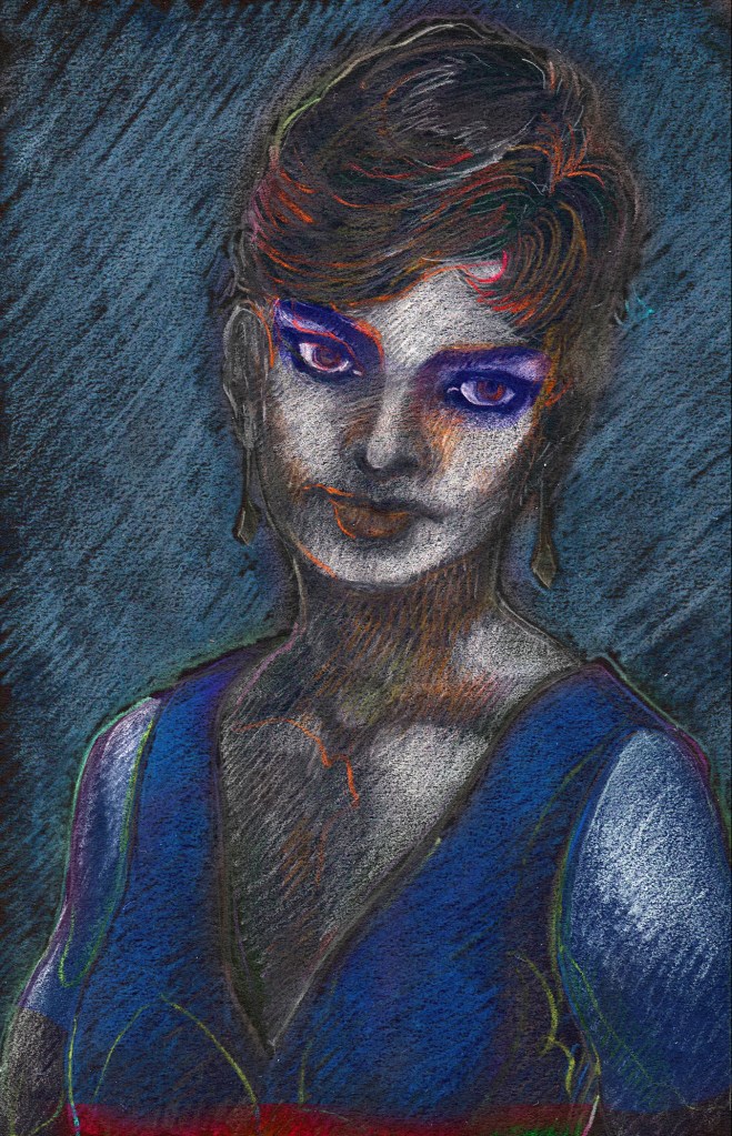 Digital illustration from a colored pencil drawing: She Wore a Wide Sash