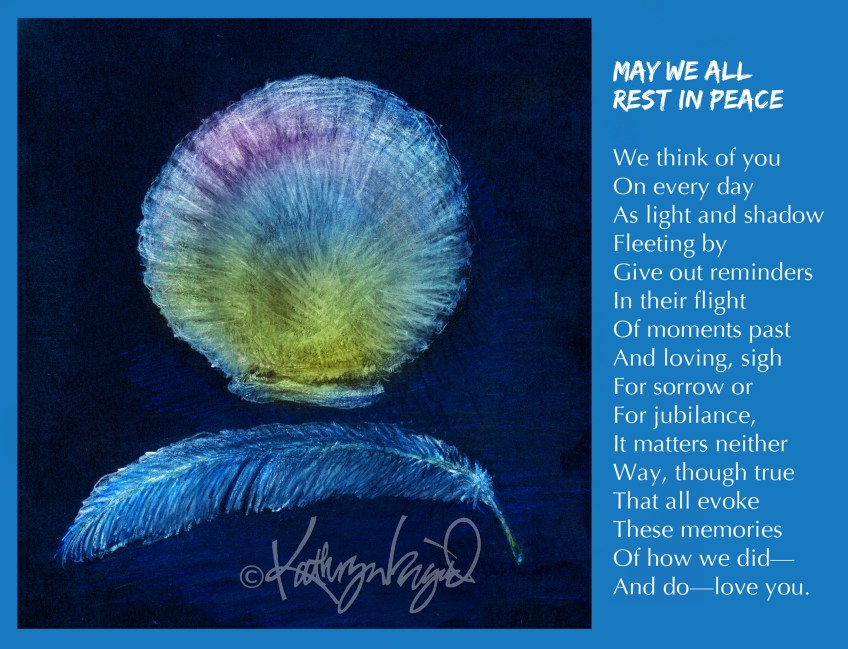 Digital illustration from a drawing + text: May We All Rest in Peace