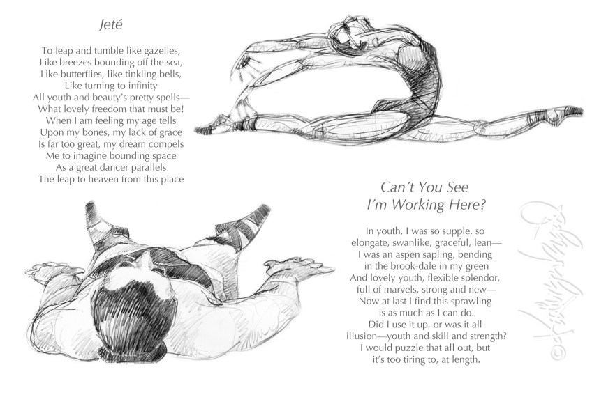 Graphite drawing + text: Aging Gracelessly