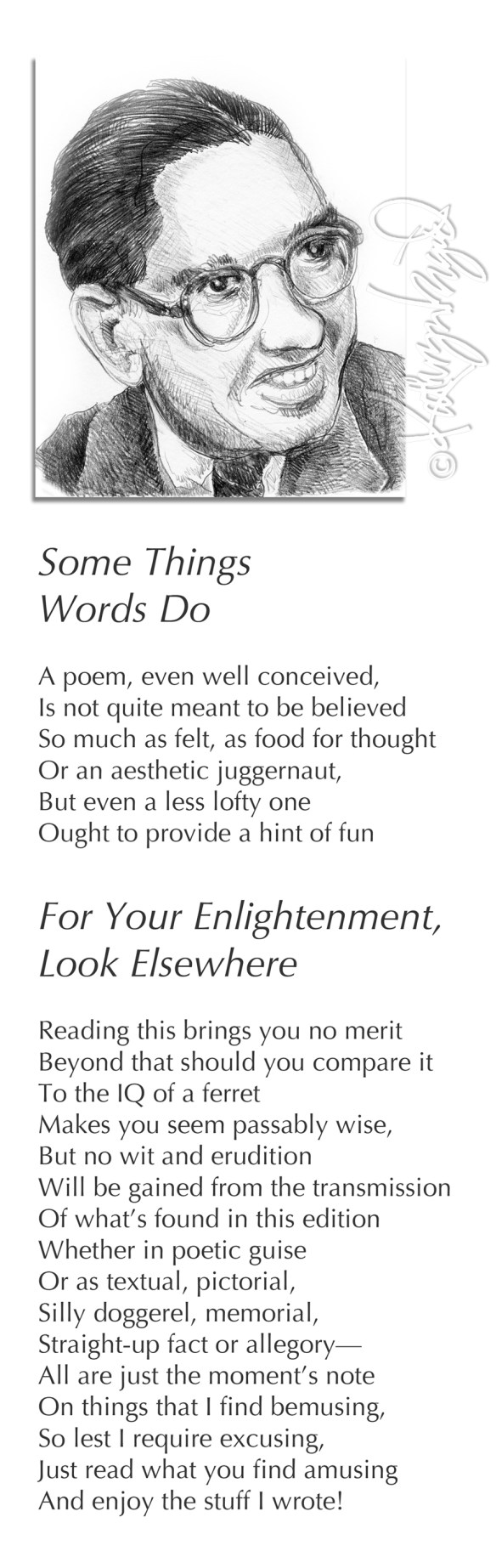 Graphite drawing + text: Some Things Words Do