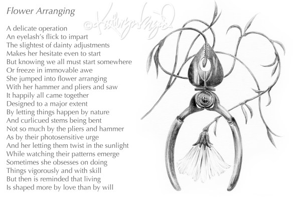 Graphite drawing + text: Flower Arranging